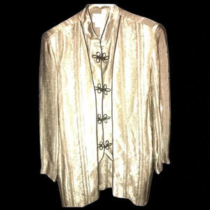 Vintage Maren Chinese Blouse Mandarin Metallic Silver Top Shirt Jacket sz 16